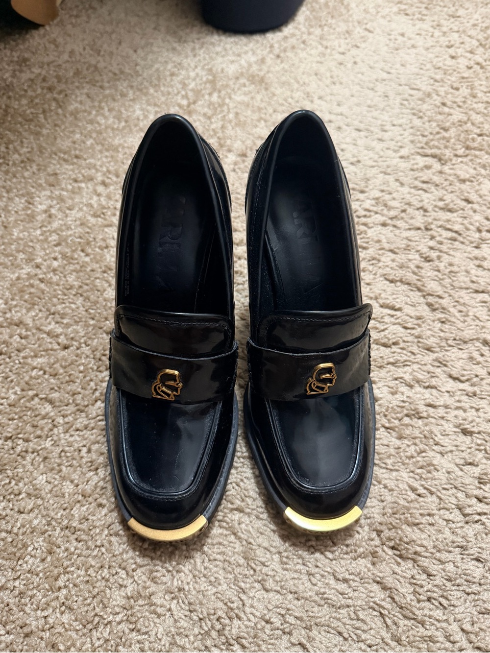 Karl Lagerfeld Black Patent Leather Women's Heeled Loafers with Gold Accents